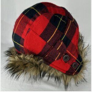 Abercrombie & Fitch Red Plaid Hat Trapper Faux Fur One Size Moose Logo Tartan